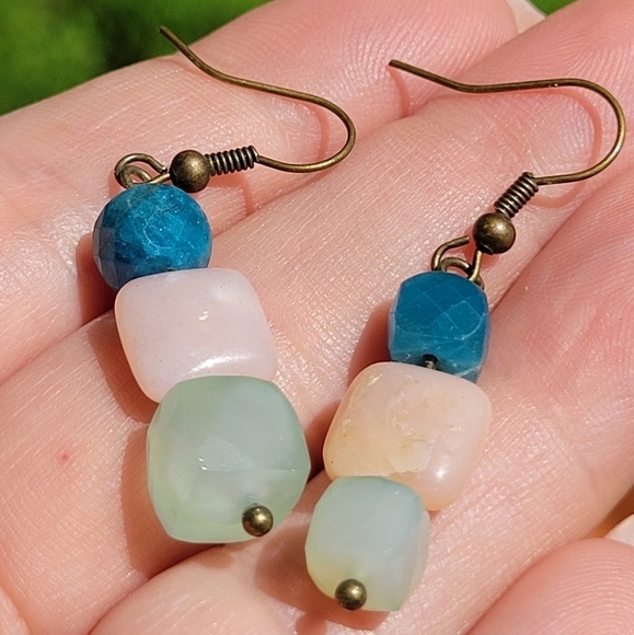 Apatite, Rose Quartz, Aqua Chalcedony Bronze Tone Dangle Earrings, handmade - Picture 5 of 7